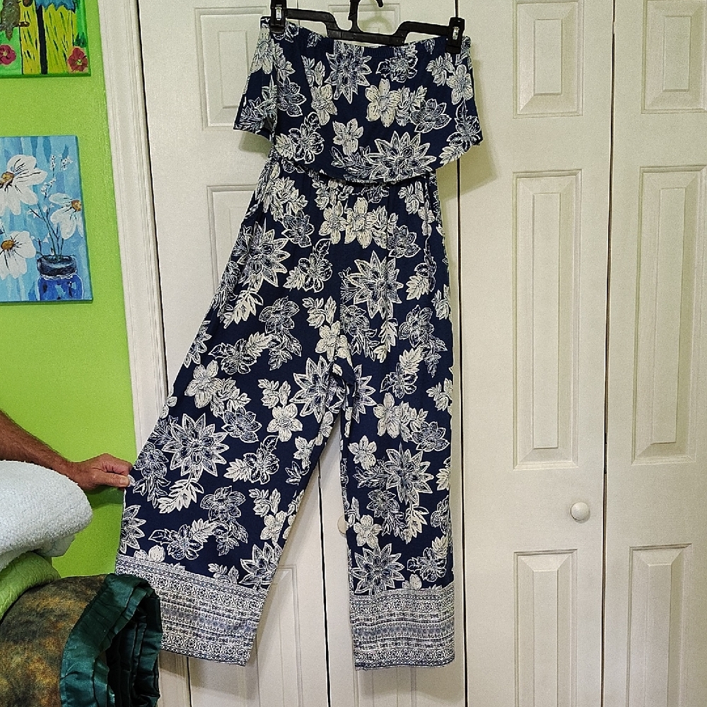 Derek Heart Navy and White Floral Jumpsuit